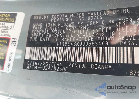 2009 Toyota Camry Le from USA, damaged, VIN 4T1BE46K99U885469